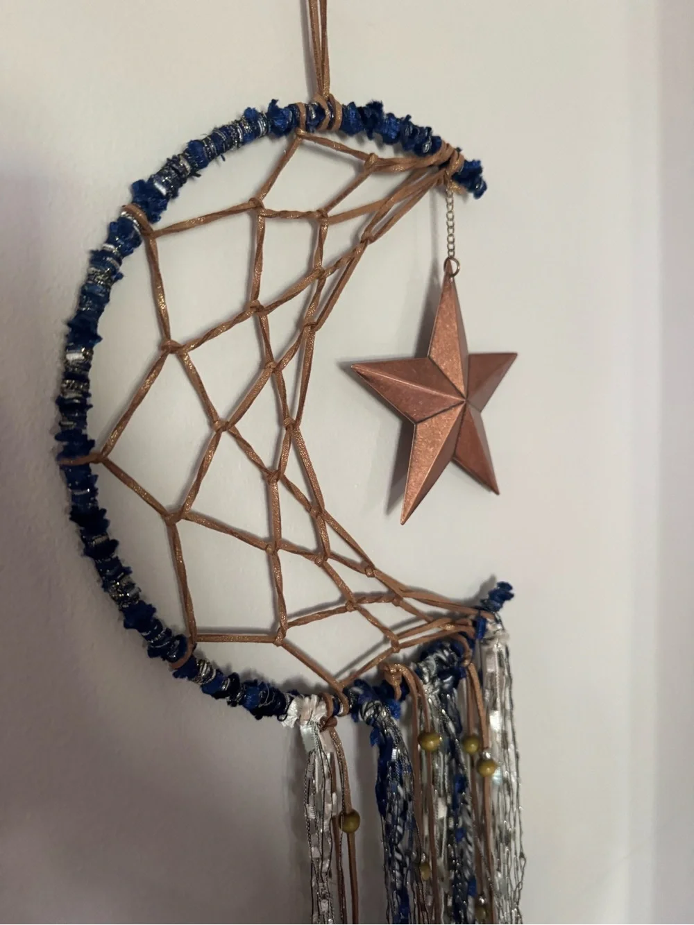 Boho Crescent Moon Wall Hanging with Copper Star - Navy and Tan